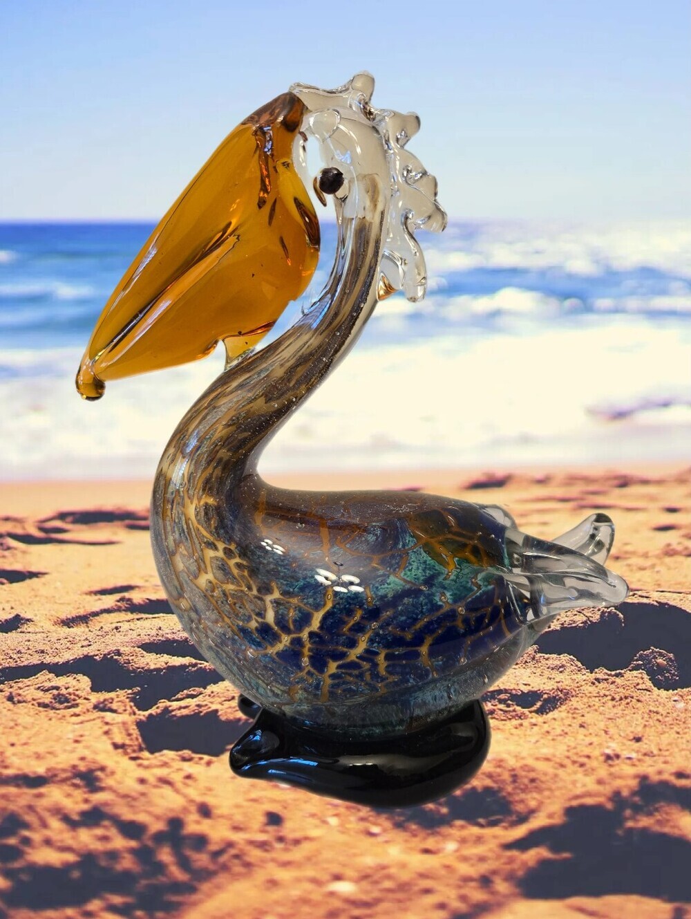 Murano Style Pelican Glass Pelican Orange Beek Blue  Pattern Body Handblown
